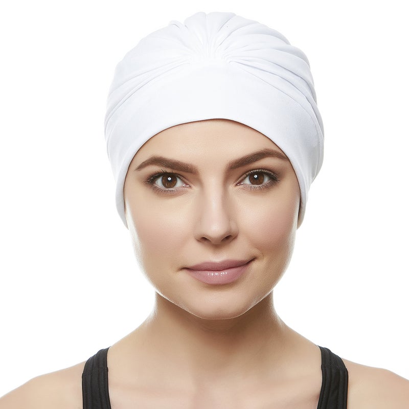 Beemo Swim Caps for Women Swimming Turban Polyester Latex Lined Pleated for Ladies - White - Image 2